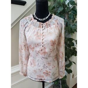 Aura Women Beige Floral 100% Polyester Round Neck Long Sleeve Top Blouse Size S